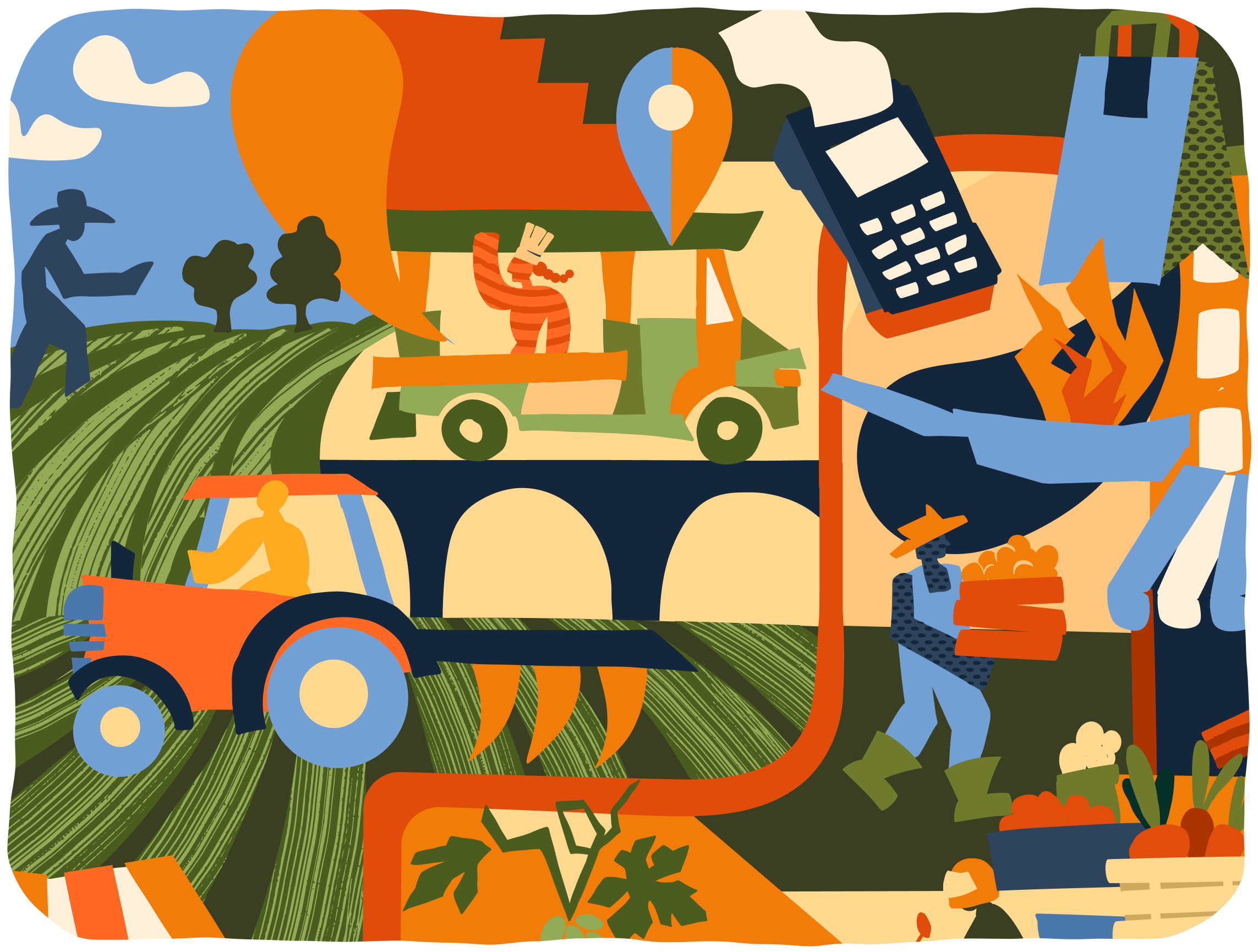 Ilustração de produtores, feirantes e consumidores conectados pela cadeia de alimentação
